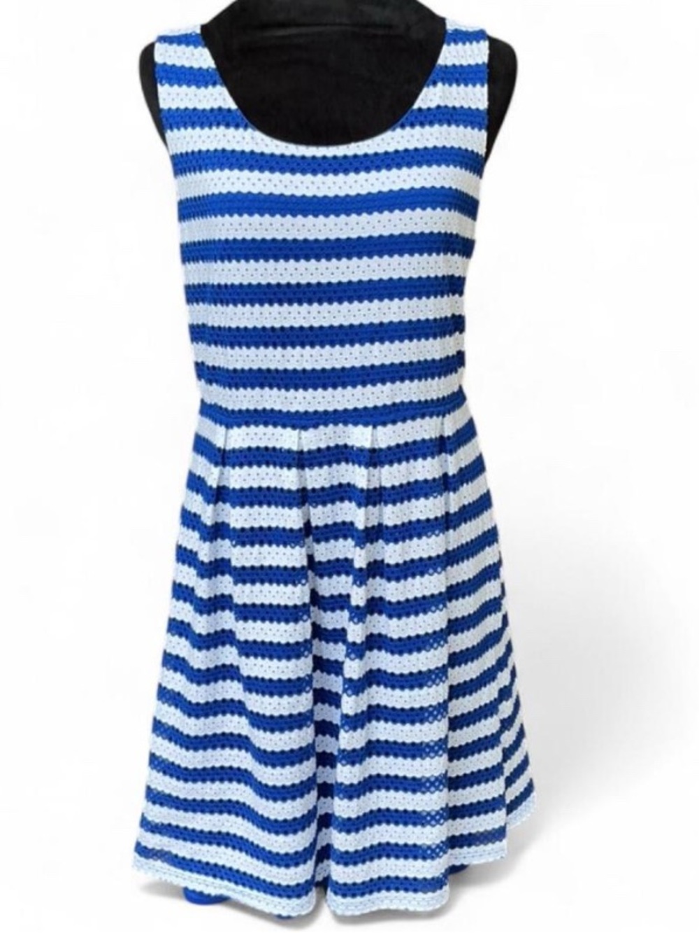 Preppy Nautical Blue and White Striped Crochet Dress with Solid Blue Lining